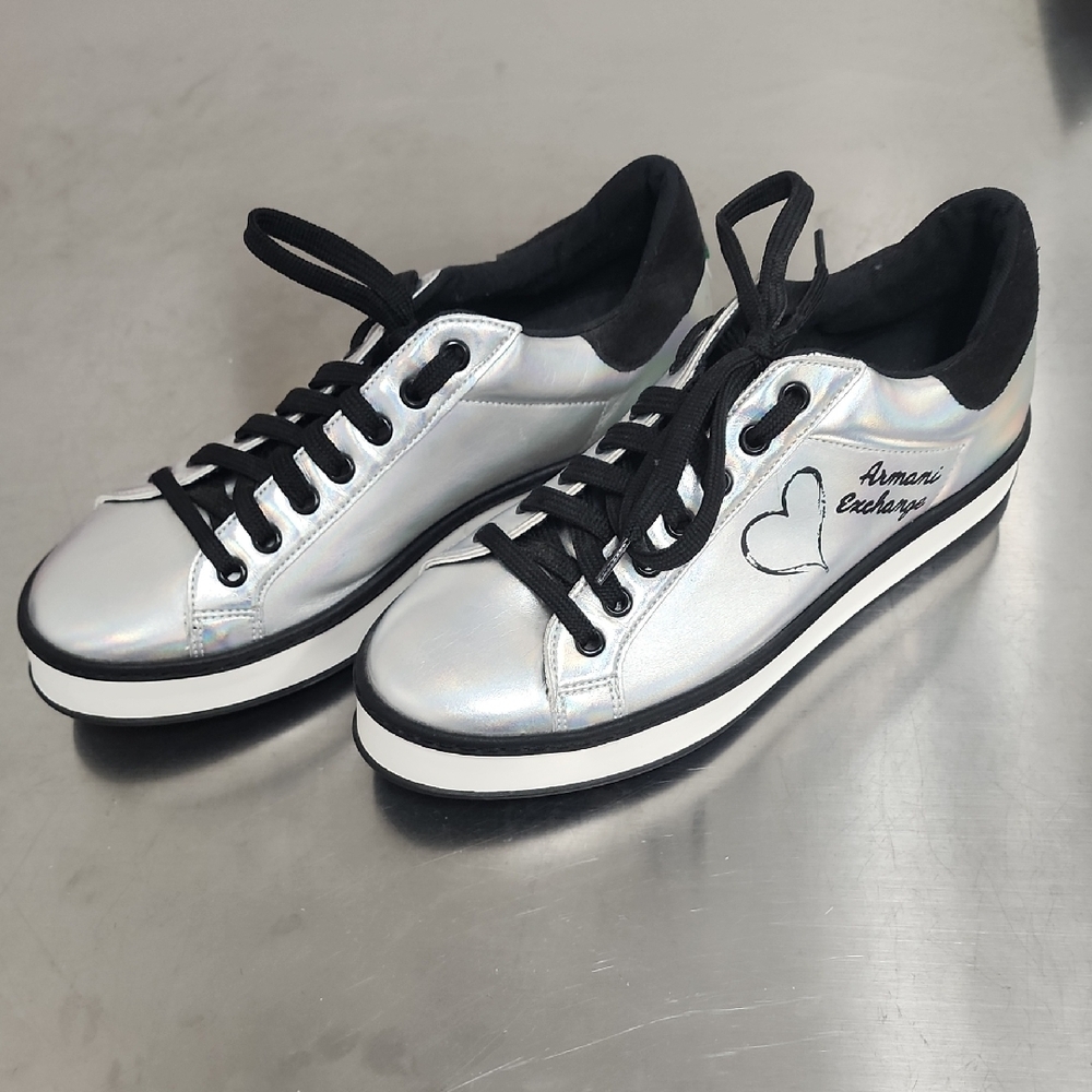 Armani Exchange Silver and Black Sneakers with Platform Sole
